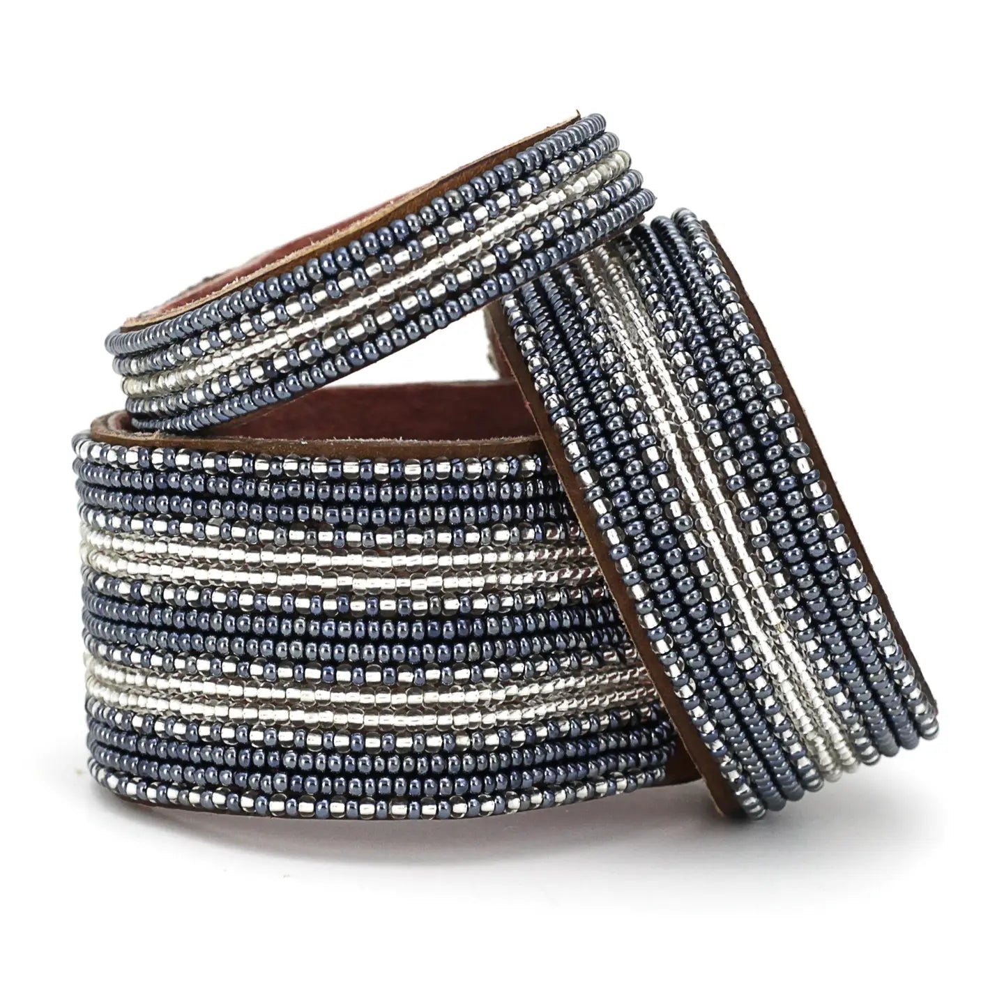 Small Silver and Slate Stripe Leather Cuff Bracelet by Swahili Coast